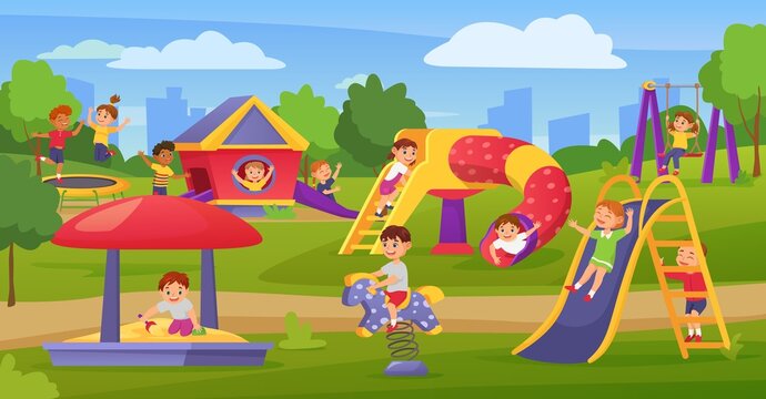 Cartoon kids playing on playground in summer park or kindergarten. Happy children on slide or swing, boy play in sandbox vector illustration. Outdoor activities for playful pupils in camp