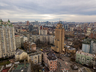 City street in Kiev in cloudy weather. Aerial drone view.