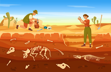 Cartoon archaeological excavation, archaeologists discovering ancient artifacts. Paleontologist finding fossils at dig site vector illustration. Man and woman exploring objects with equipment - obrazy, fototapety, plakaty