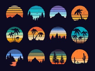 Retro sunset, 80s style grunge striped sunsets. Abstract vintage sunrise logo with summer beach, mountains, forest landscape vector set. Tourism or traveling concept, adventure logotype