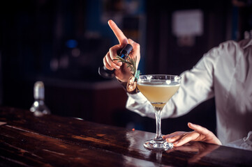 Girl bartender creates a cocktail on the alehouse