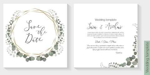 Vector herbal design for wedding invitation. Gold round, polygonal frame, eucalyptus, green plants, branches and leaves.