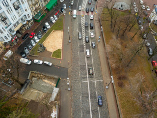 City street in Kiev in autumn. Aerial drone view.