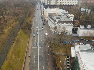 Fototapeta premium City street in Kiev in autumn. Aerial drone view.
