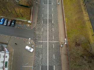 City street in Kiev in autumn. Aerial drone view.