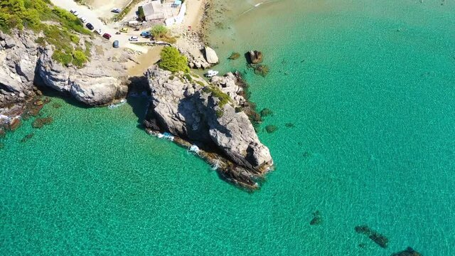 Aerial drone view over Pelekas Kontogialos beach. Corfu, Greece. View of Beach of Kontogialos, Pelekas, Corfu, Greece.