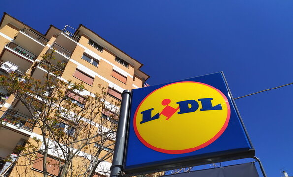 Rome, Italy - April 14, 2021: Logo of the German discount supermarket chain LIDL, belongs to Holding Schwarz and founded in 1930. From the 70s the current supermarkets spread