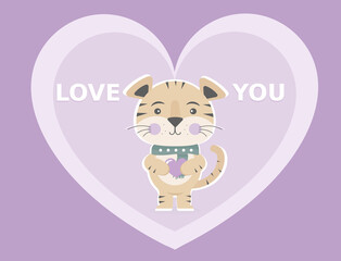 Cute tiger with heart. Love You. Postcard. Cartoon style. 