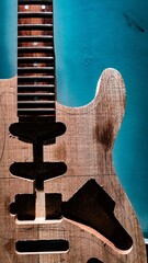 Wooden electric guitar's body unfinished on blue background