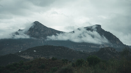 Mountains with fog on a rainy day