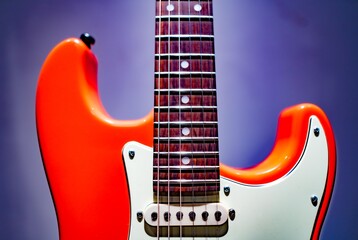 Red electric guitar fretboard and body on purple background Fender