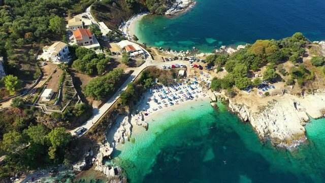 Aerial drone view north east coast with Kanoni, Mpataria and Pipitos beach, Island of Corfu, Greece. Mpataria, Kanoni and Pipitos beach at Corfu Greece during the day.