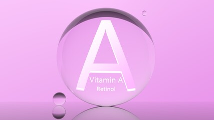 Vitamin A on pink background realistic transparent capsule retinol. Natural vitamin A concept illustration 3D rendering.