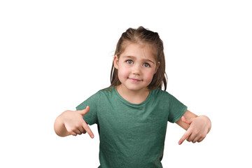 isolated beautiful girl in a green t-shirt points down with two hands on a white background