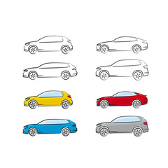 Set of vector drawings of cars from the side view. Small car, sedan, dungeon, SUV. Simple drawing of black lines and colored car icons.