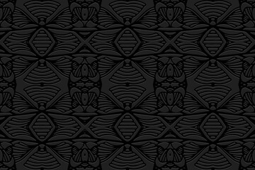 Minimalistic design embossed geometric black background. Vintage ethnic 3D pattern in handmade style. Motives of the peoples of the East, Asia, India, Mexico, Aztec.