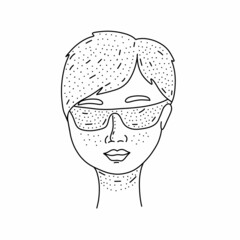 Doodle hand-drawn woman face isolated on white background. Human cute festive Avatar. Girl portraitwith sunglasses. Vector birthday illustration.