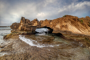 Fototapeta na wymiar Mediterranean coast. Bizarre geological formations on the coast of Kibbutz Nahsholim.
