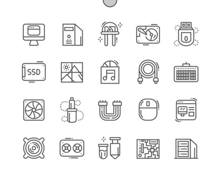 Computer. Technology, digital equipment. Cd disk, cooler, motherboard and hard disk ssd. Computer mouse. Thermal grease. Pixel Perfect Vector Thin Line Icons. Simple Minimal Pictogram