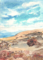 Watercolor hand drawn background. Landscape of sandy dunes covered bushes near the sea and cloudy sky - 475756919