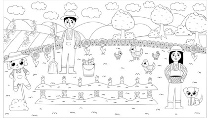 Printable black and white coloring page with farmer boy digging and girl holding basket, harvest of carrots and scarecrow, farming themed puzzle for kids