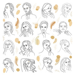 Collection. Silhouettes of a girl's head, a woman's face and a leaf of a plant in a modern style. The woman laughs. Solid line, outline for decor, posters, stickers, logo. Vector illustration set.