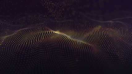 Abstract glowing 3D wave of particles. The concept of technology. Futuristic gold background. Visualization of big data. 3d rendering.