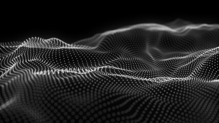 Abstract glowing 3D wave of particles. The concept of technology. Futuristic dark background. Visualization of big data. 3d rendering.