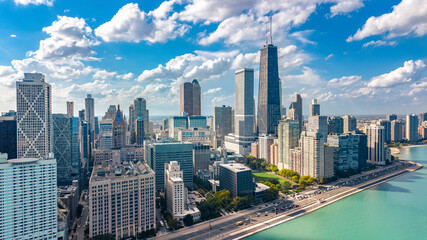 Obraz premium Chicago skyline aerial drone view from above, city of Chicago downtown skyscrapers and lake Michigan cityscape, Illinois, USA