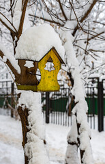 a small bird house covered with snow hangs from a tree in winter