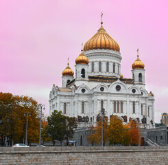 Moscow, Russia, September, 2021. View of the Cathedral of Christ the Savior from the river in autumn colors.