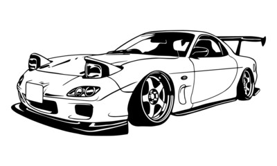 Sports car. Super car. Drift Racing auto. Vector monochrome illustration. Cutting file ploterdatei. T shirt design print vinyl decal. Black and white illustratin