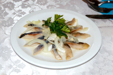 Food. Pieces of salted herring. Herring with onions and herbs. Herring fillet. Fish appetizer