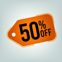 50% off. Orange discount label on white background for sales.