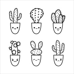 Cute cactus doodle set in sketch style. Cacti characters variety with kawaii emotions