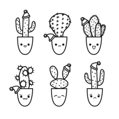Cute Christmas cactus doodle set in sketch style. Cacti characters variety with kawaii emotions for New Year celebration