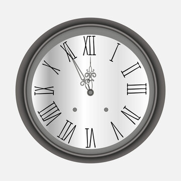 illustration of a round antique clock in a metal case with a white dial