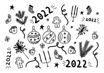 Set of fun doodle elements for New Year celebration 2022. Happy vector symbols and outline Christmas decor collection