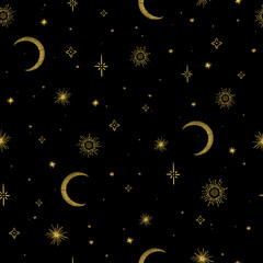 Seamless pattern with golden embroidered starry sky and Moon on black background