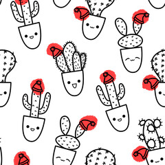 Cute Christmas cactus doodle seamless pattern in sketch style. Festive cacti characters variety with kawaii emotions