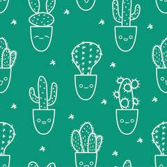 Cute cactus doodle pattern in outline style. Vector cacti characters variety with kawaii emotions in flower pots