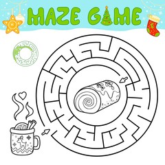 Christmas black and white maze puzzle game for children. Outline circle maze or labyrinth game with Christmas cake.