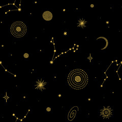 Seamless pattern with golden embroidered constellations, stars, planets and Moon on black background