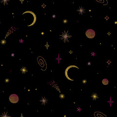 Seamless pattern with embroidered colorful stars, planets, comets and Moon