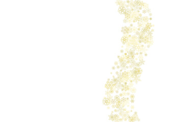 Glitter snowflakes frame on white horizontal background. Shiny Christmas and New Year frame for gift certificate, ads, banners, flyers. Falling snow with golden glitter snowflakes for party invite