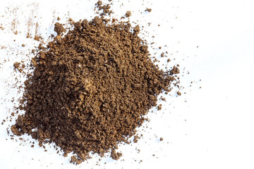 Fertile soil on a white background. The upper fertile layer of the earth in which various plants...