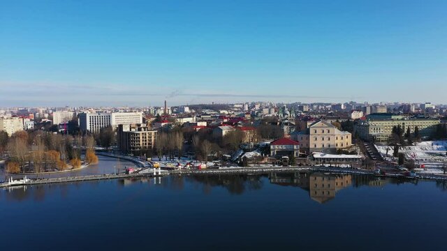 The castle on the embankment of Ternopil Ukraine aerial view