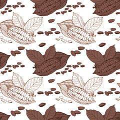 The Pattern Of Cocoa Beans Is Seamless . On a white background , a linear drawing drawn by hand . Grains , fruits and leaves . organic healthy food . vector design for textiles