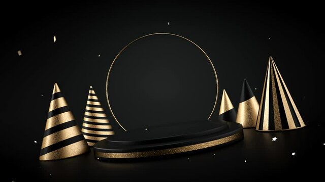 Modern Black And Golden Podium / Stage With Christmas Trees On Black Background. Empty Space. New Year Concept 3D Video.	

