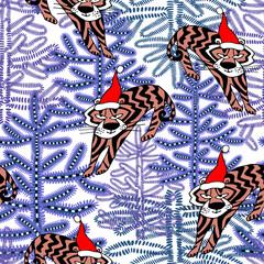 New year seamless pattern with tiger in red cap in winter forest of Christmas trees. Holiday animal of Chinese New Year. Wrapping paper, printing, textile, fabric, package, postcard, poster.